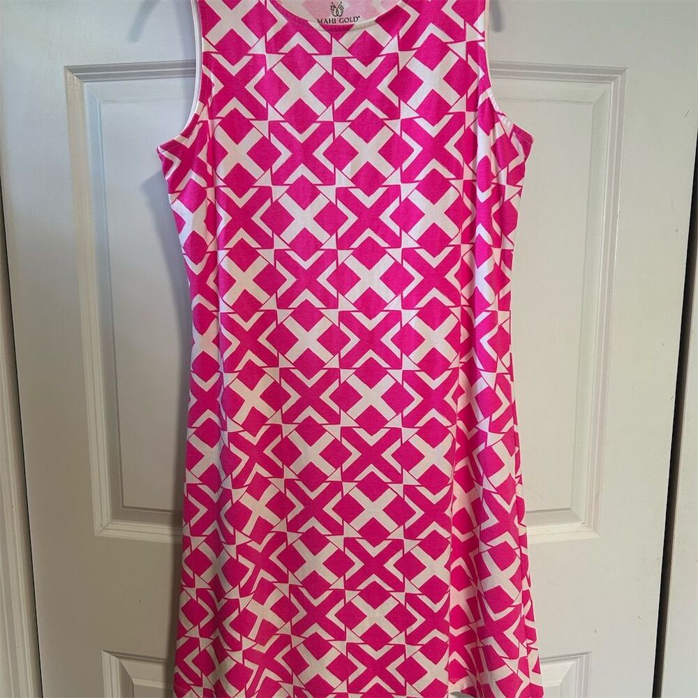 Mahi Gold Women's Pink Geometric V-Neck Sleeveless Tank Dress L